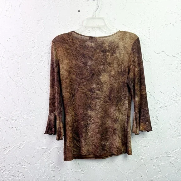 Vintage y2k Brown Tan Floral Ruffle V-neck Boho Fairy Whimsy Goth Blouse Small - Picture 5 of 8
